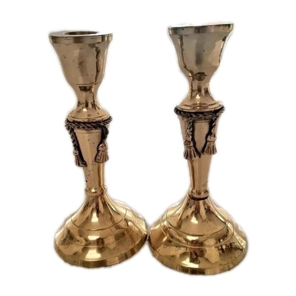 Set Of 2 VTG 1970s Hollywood Regency Solid Brass Tassel Rope Taper Candle Holder